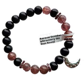 8mm Rainbow Obsidian & Strawberry Quartz / Moon - Click Image to Close